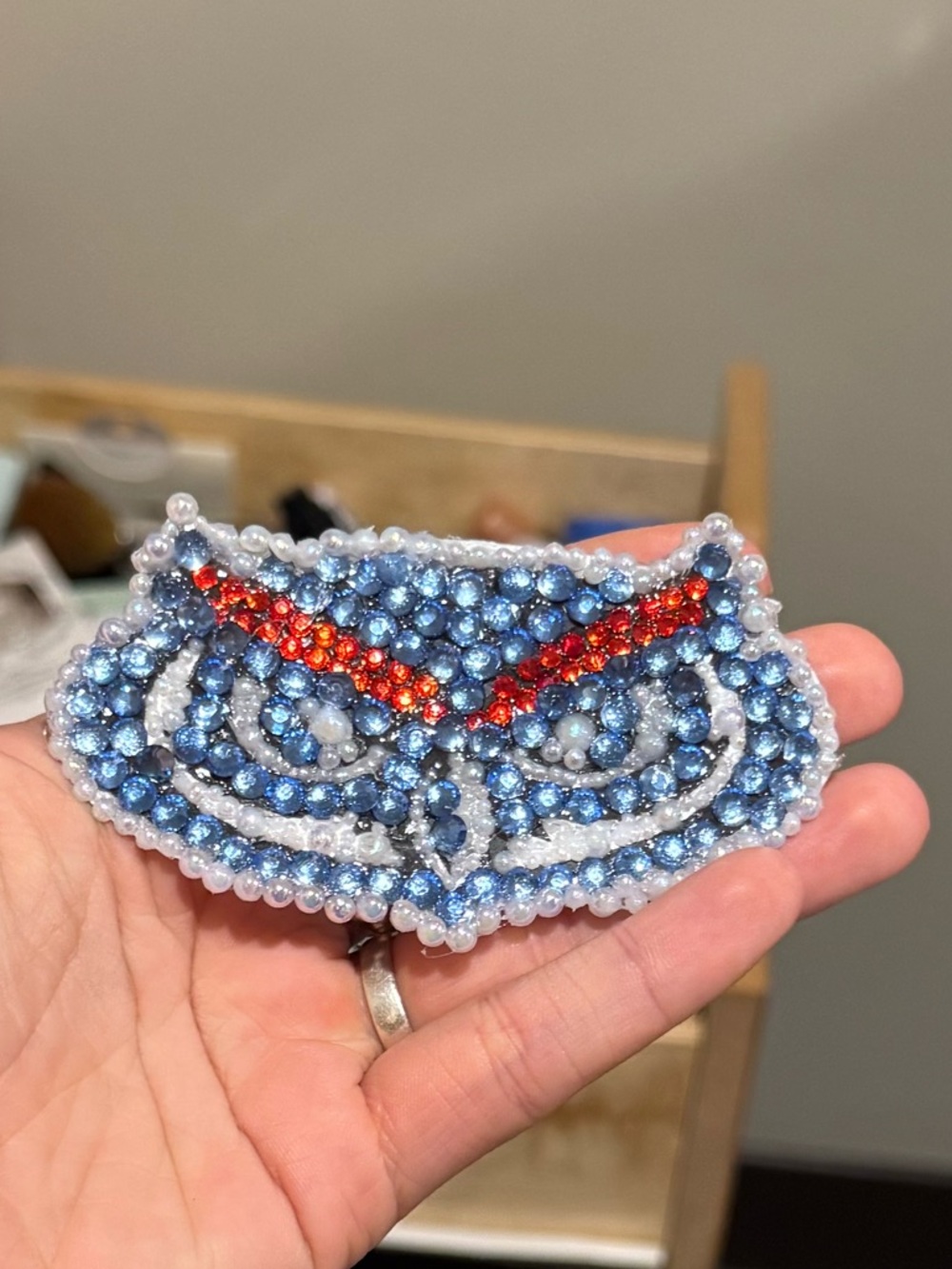 Beaded Owl Brooch Pin in Light Blue and Red